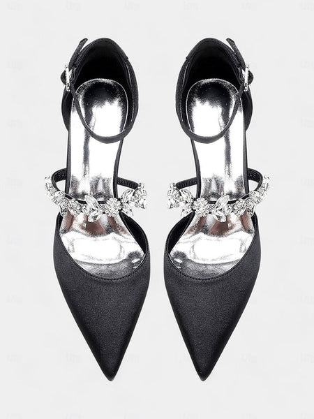 - Satin Embellishments Rhinestone Black Women's with Heels FashionChic