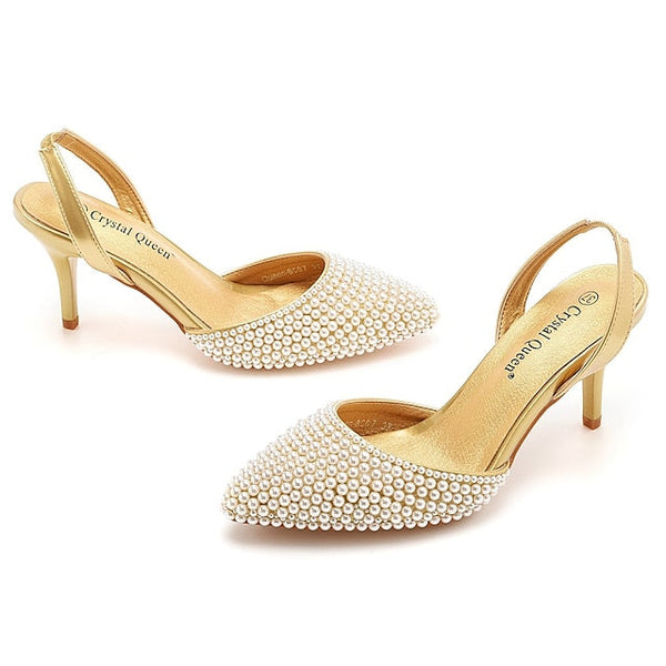 – White Pearl Slingback Heels Women's Embellishments with FashionChic
