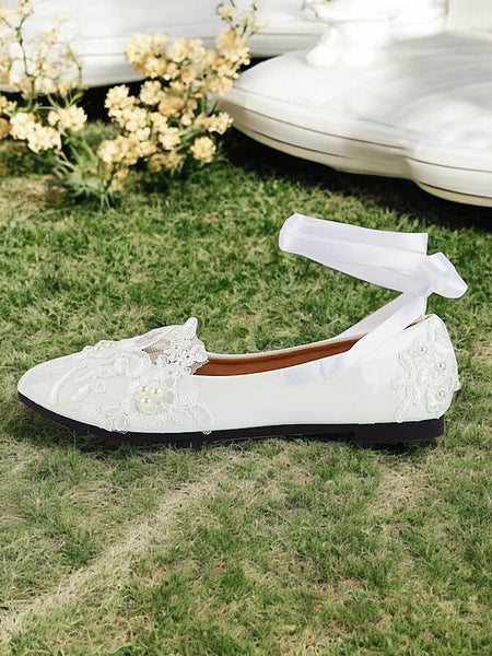 with Lace Shoes Ties - Ribbon Flats Wedding Elegant Bridal White FashionChic