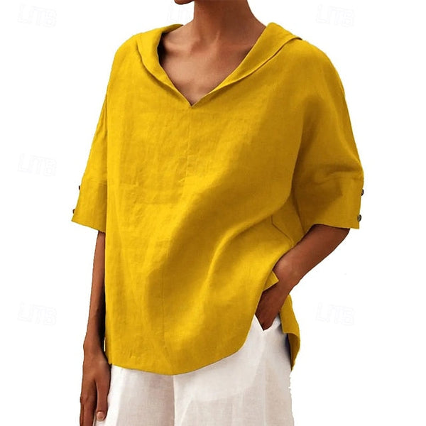 Women's Linen Blend Blouse Plain Modern Casual Short Sleeve FashionChic