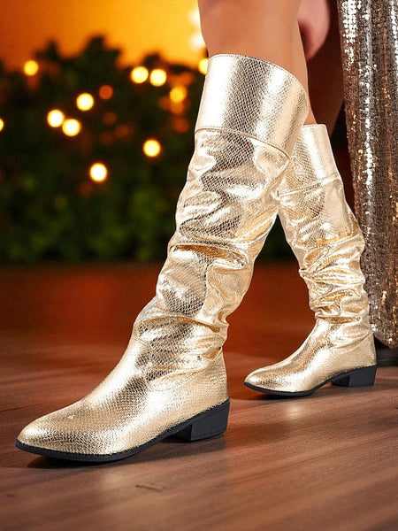 Knee High Metallic - Women's Slouch Gold Party Shiny Boots FashionChic