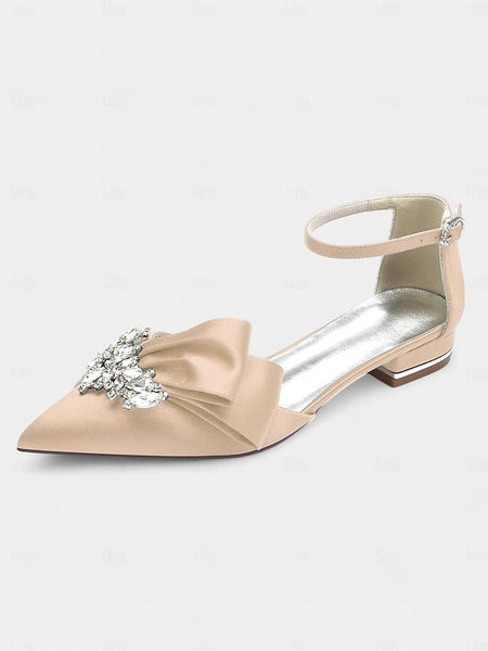 Bow with Pointed-Toe and Satin Rhinestone Ankle White Heels FashionChic