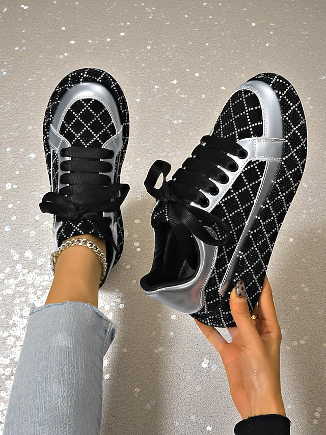 Silver Quilted Women's - Rhinestone Sneakers and Black FashionChic
