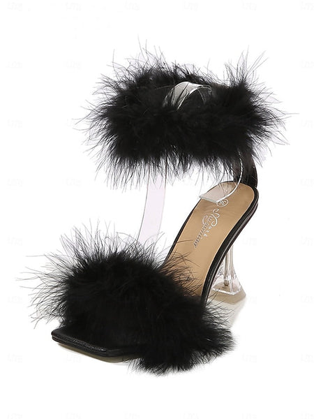 Clear Heel with Turquoise Sandals Feather-Embellished High FashionChic