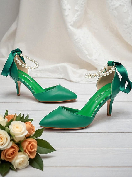 Ankle Pumps Heel Strap - Bow Women's Pearl Kitten Blue with FashionChic