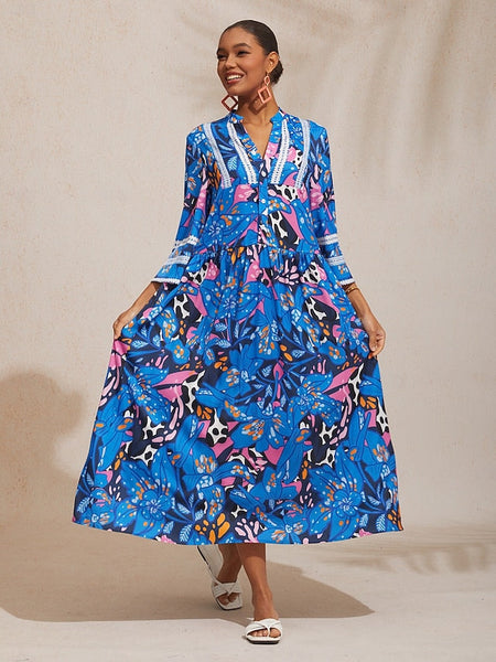 Vacation Abstract Color Dot Floral Loose fit Satin Maxi Dress FashionChic