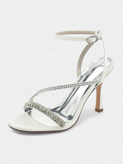 – Sophisticated Heels Strappy Champagne Satin Rhinestone FashionChic