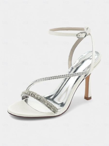 – Sophisticated Heels Strappy Champagne Satin Rhinestone FashionChic