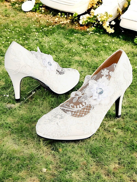 High Shoes Floral Embellishments with Lace Heel – White Bridal FashionChic