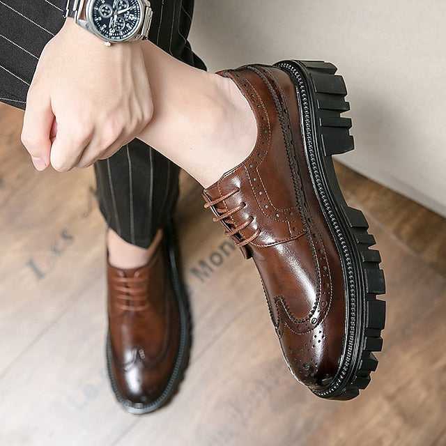Brogue – Brown Chunky Sole Leather Shoes Faux Men's FashionChic
