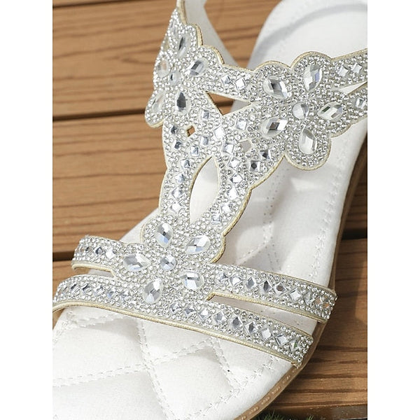 T-Strap Sandals Women's Silver Boho Rhinestone Flat – FashionChic