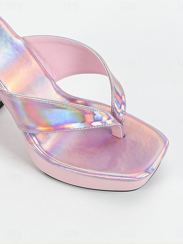 Block Iridescent Pink Open-Toe Chunky Heels with Women's FashionChic
