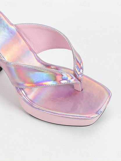 Block Iridescent Pink Open-Toe Chunky Heels with Women's FashionChic