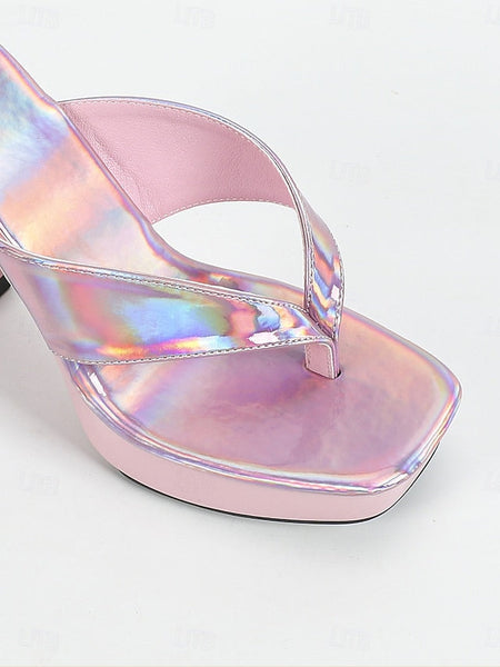 Open-Toe Pink Heels Women's Iridescent Chunky with Block FashionChic