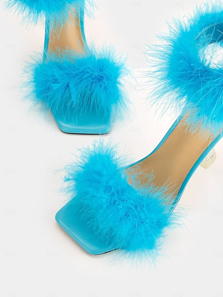 Clear Heel with Turquoise Sandals Feather-Embellished High FashionChic