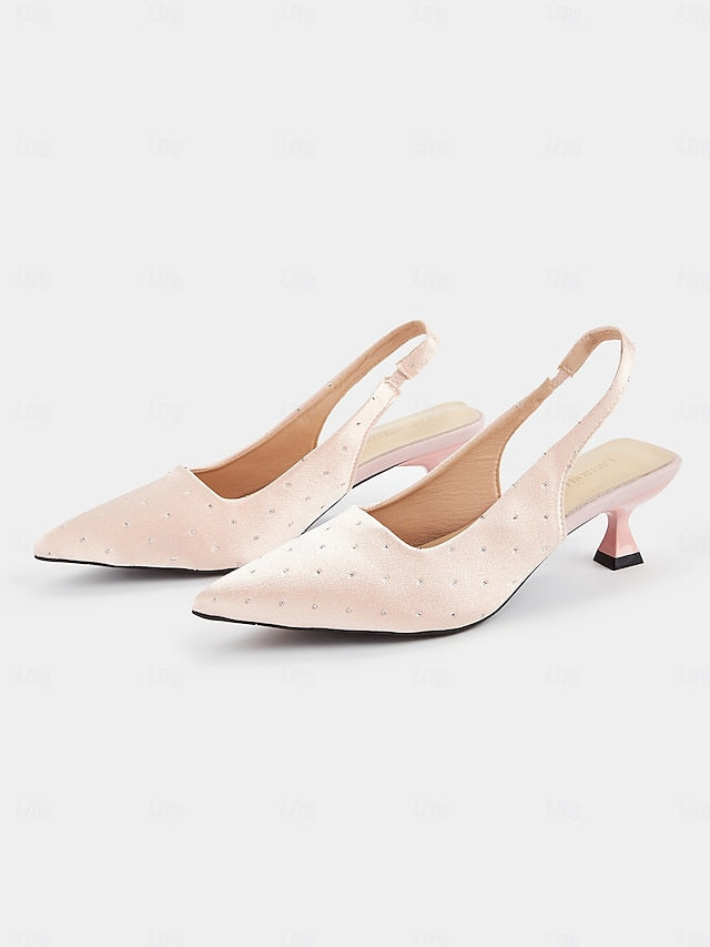 Satin Rhinestone Heels Women's with Kitten Studs Slingback FashionChic