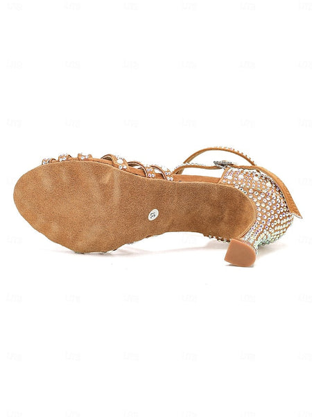 High Latin Rhinestone-Embellished Tan Sandals with Heel Dance FashionChic