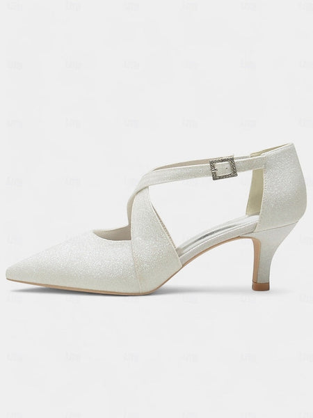 Glitter Heels Cross with Kitten White Strap Rhinestone Buckle FashionChic