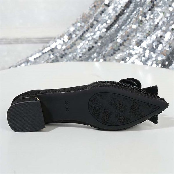 with - Women's Elegant Detail Rhinestone Glitter Flats Bow FashionChic