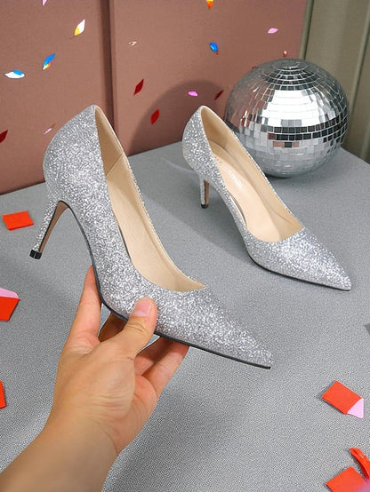 Sparkly Pumps Stiletto Pointed-Toe - Women's Glitter Gold FashionChic