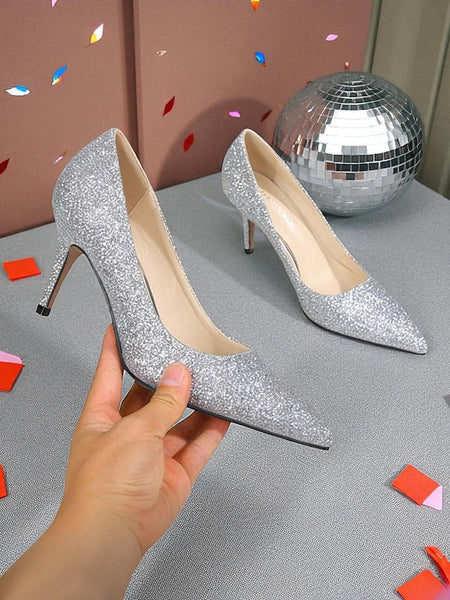 Sparkly Pumps Stiletto Pointed-Toe - Women's Glitter Gold FashionChic