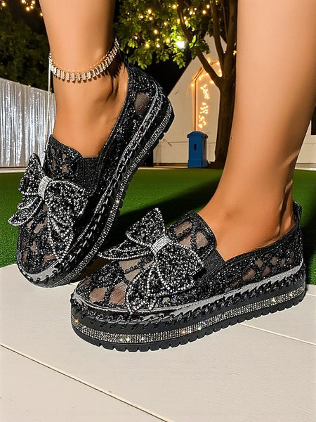 Rhinestone Slip-On Women's Lace Shoes with Black Bow FashionChic