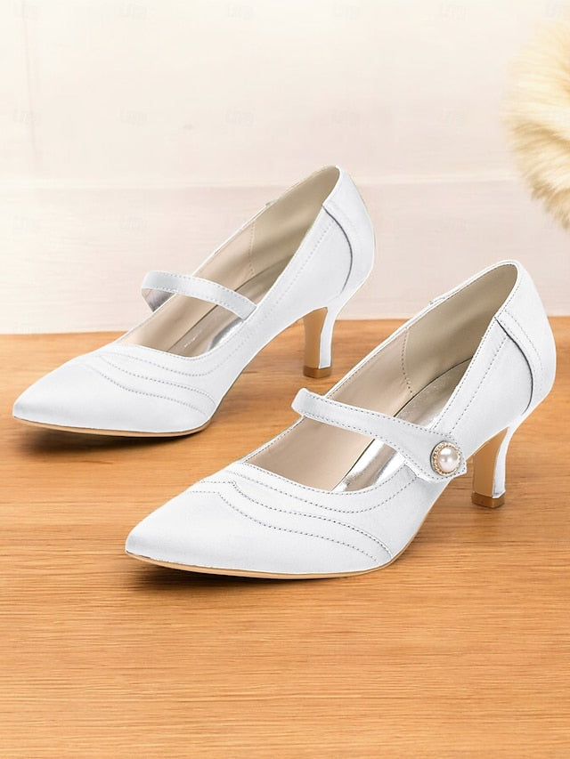 Heels Jane Satin Green Button Pearl - with Elegant Mary FashionChic