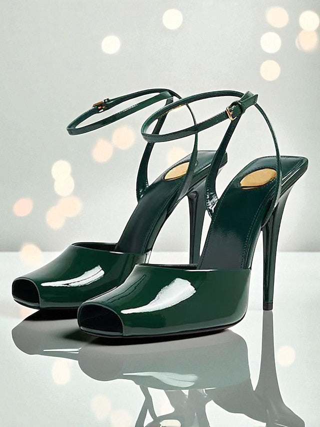 Women's Toe Peep Heels Patent - Dark High Green Leather FashionChic