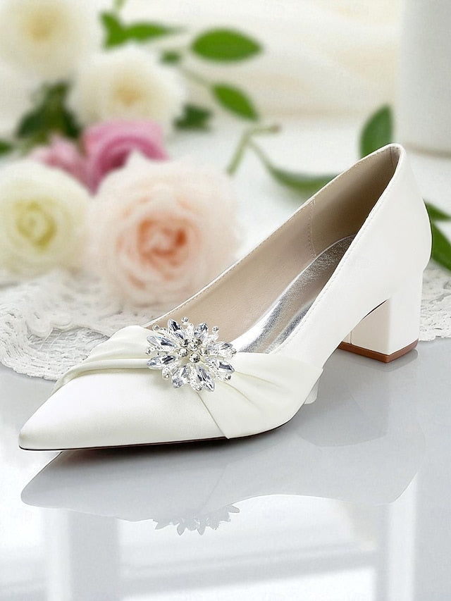 Block Heel Low Crystal Pumps Women's with White FashionChic