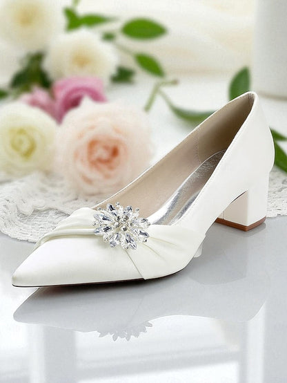 Block Heel Low Crystal Pumps Women's with White FashionChic