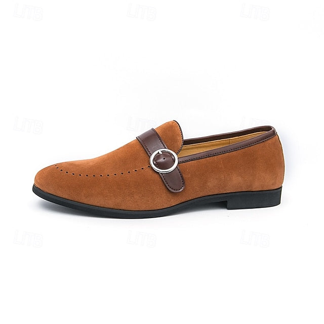 with Loafers Slip-On Suede Buckle Strap Brown Men's Faux FashionChic