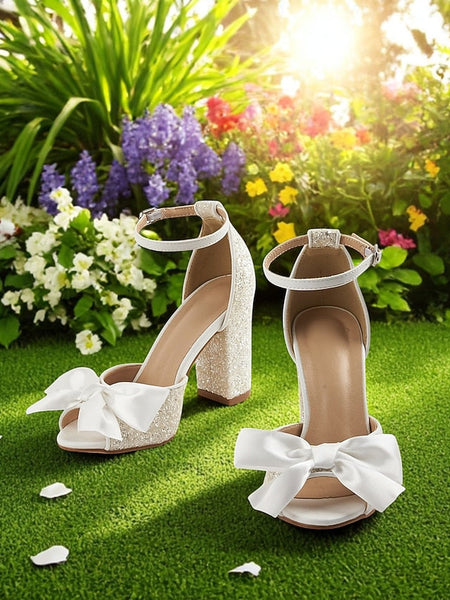 Women's Wedding Heel Ankle Glitter White Sandals with Block FashionChic