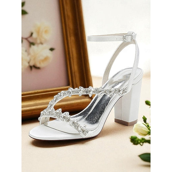 White Women's with Straps Sandals Rhinestone - Block Heel FashionChic