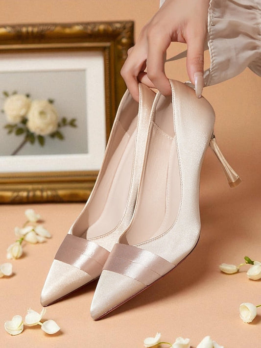 Pumps Women's Toe Heel - Dress High Pointed Satin Champagne FashionChic