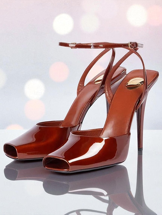 Women's Toe Peep Heels Patent - Dark High Green Leather FashionChic