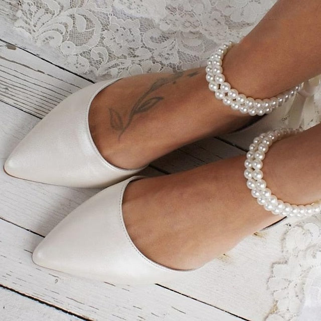 Bridal Pearl Women's Strap Elegant – White Flats Ankle FashionChic