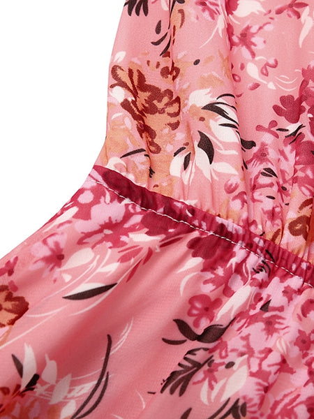 Women's Swing Dress Maxi long Dress Pink Long Sleeve Floral