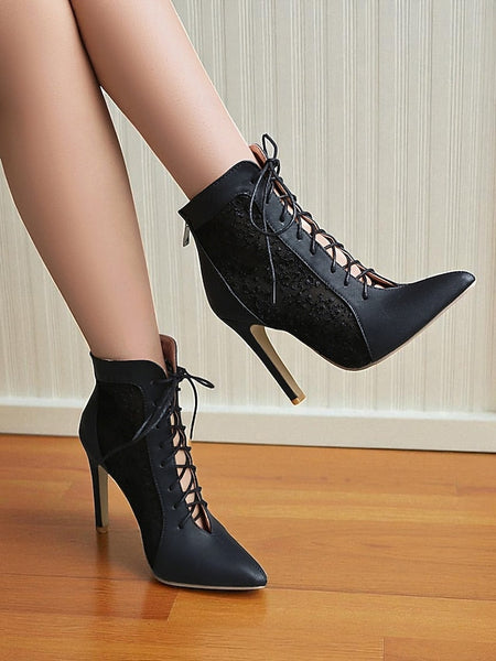 Women's Mesh Booties Ankle Lace Stiletto White Heels with FashionChic