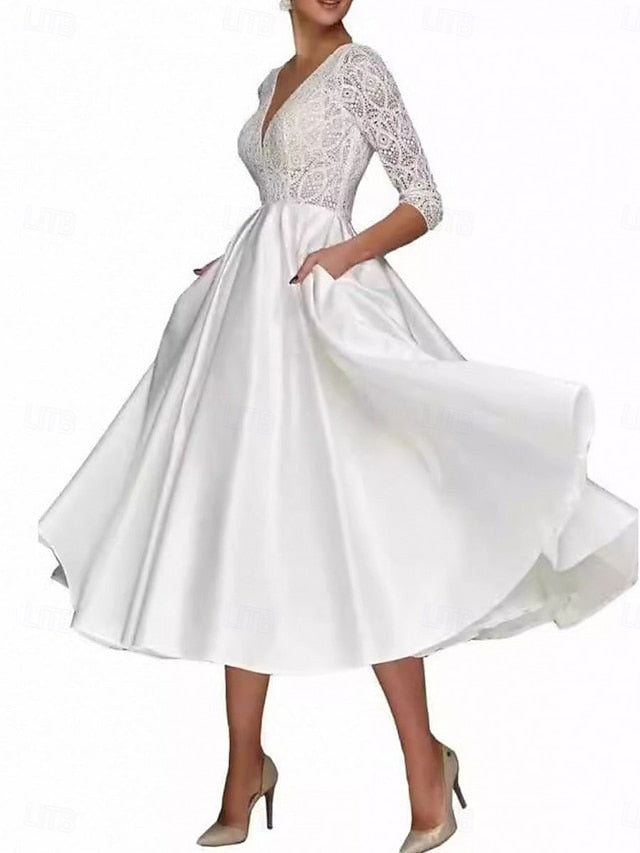Neck Bride Mother Elegant V the Dress A-Line Tea Simple of FashionChic