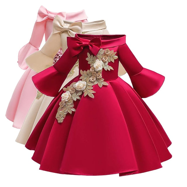 Length 3/4 Formal Girls' Floral Sleeve Party Kids Dress FashionChic