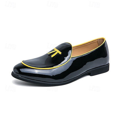 with Leather Patent Yellow Black Faux Men's Loafers Trim FashionChic