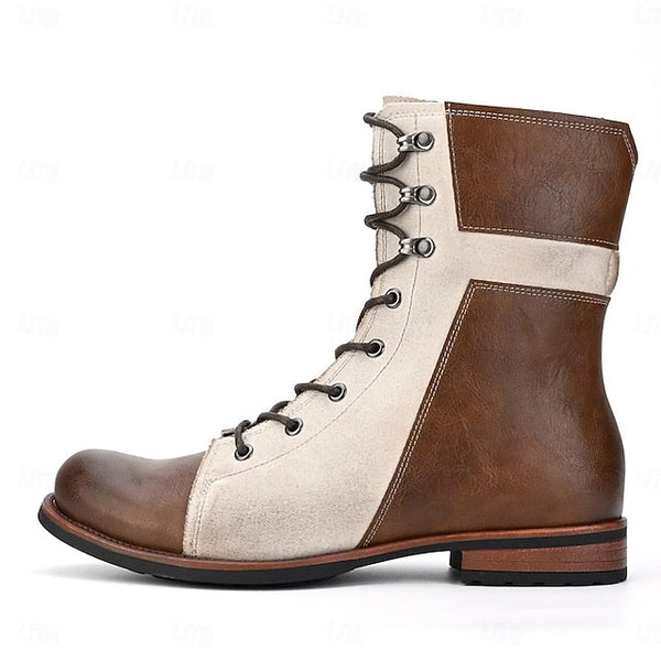 Faux Leather Lace-Up Men's Vintage Mid-Calf Boots Two-Tone FashionChic