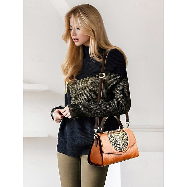 Floral – Faux Vintage Engraved Handbag Leather Women's FashionChic
