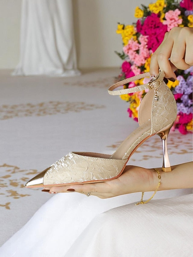 Gold Satin Heels and Beige Women's Pointed Accents with Toe FashionChic