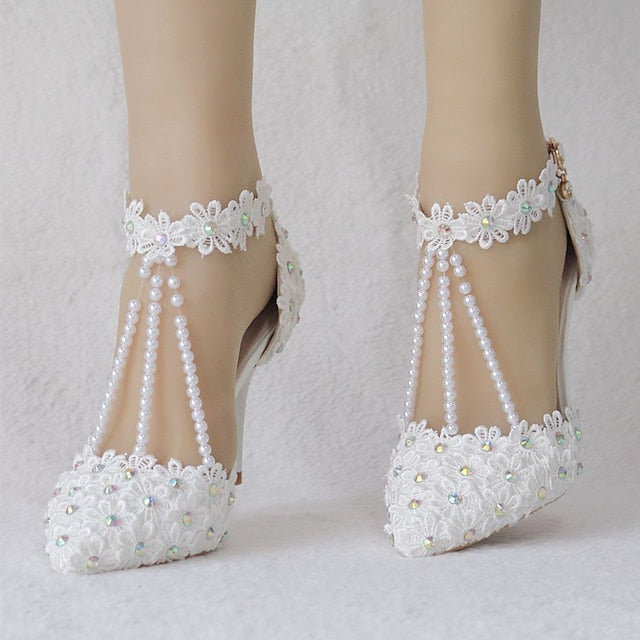 Wedding Shoes Heel Pointed High Women's Lace Bridal FashionChic