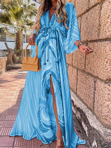Women's Color Block V Neck Maxi Dress 3/4 Length Sleeve