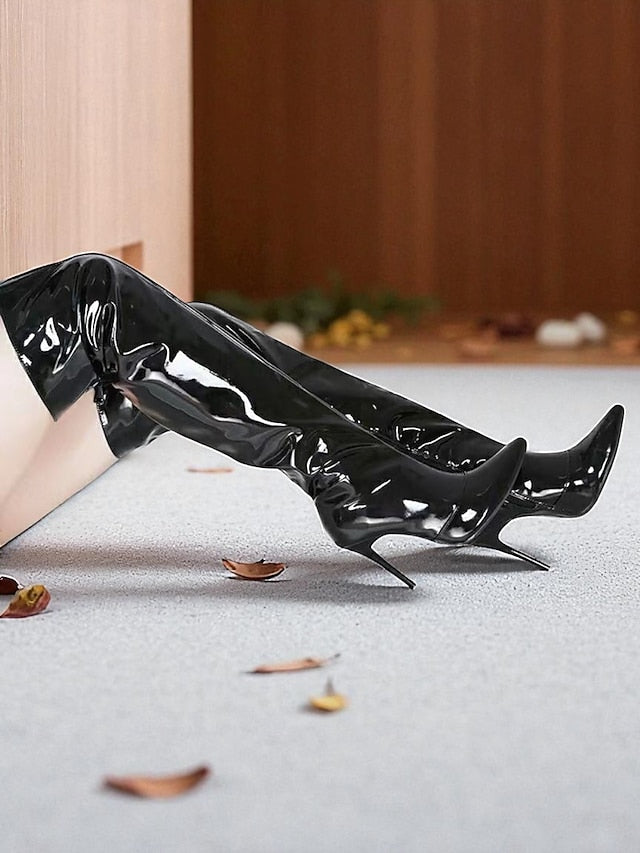 Toe Women's Patent Over-the-Knee Black Pointed Leather FashionChic