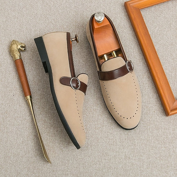 with Loafers Slip-On Suede Buckle Strap Brown Men's Faux FashionChic