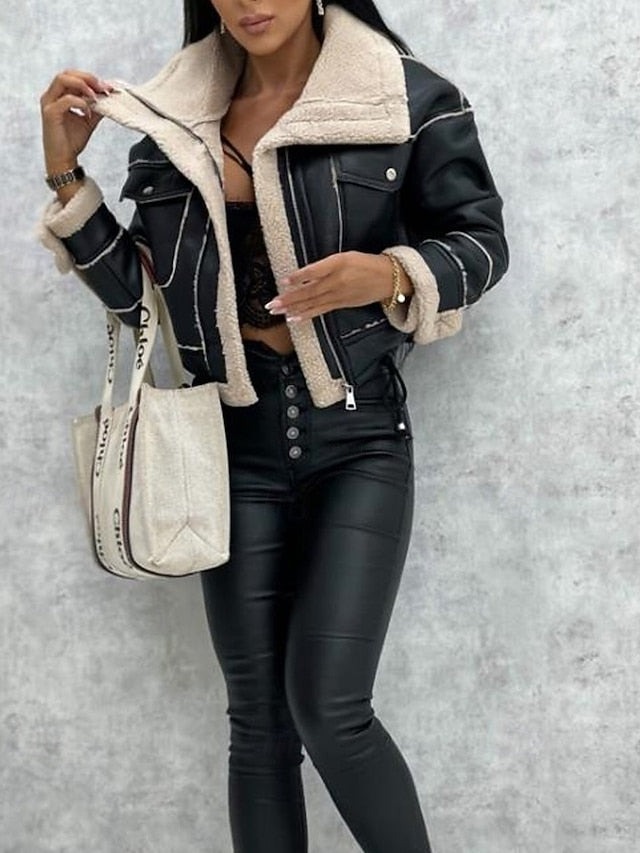 Warm Pocket Women's Leather Buttons Jacket Faux Comfortable FashionChic