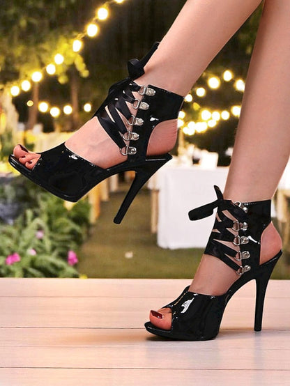 Patent Stiletto Lace-Up Cutout Women's Sandals - Sexy Black FashionChic